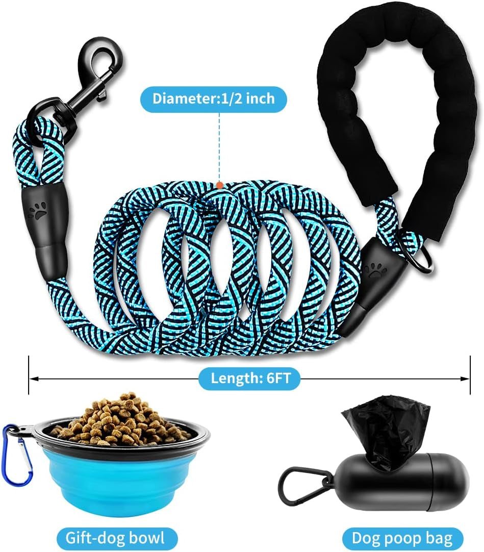 Premium 5FT/6FT Thick Durable Nylon Dog Leash with Comfortable Padded Handle and Reflective Rope, Includes Collapsible Pet Bowl and Waste Bags for Medium to Large Dogs (Flower Blue 1/2 X 6FT)