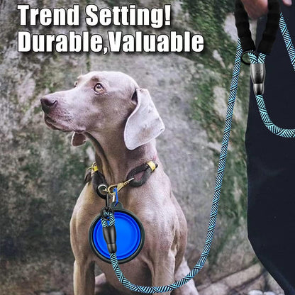 Premium 5FT/6FT Thick Durable Nylon Dog Leash with Comfortable Padded Handle and Reflective Rope, Includes Collapsible Pet Bowl and Waste Bags for Medium to Large Dogs (Flower Blue 1/2 X 6FT)