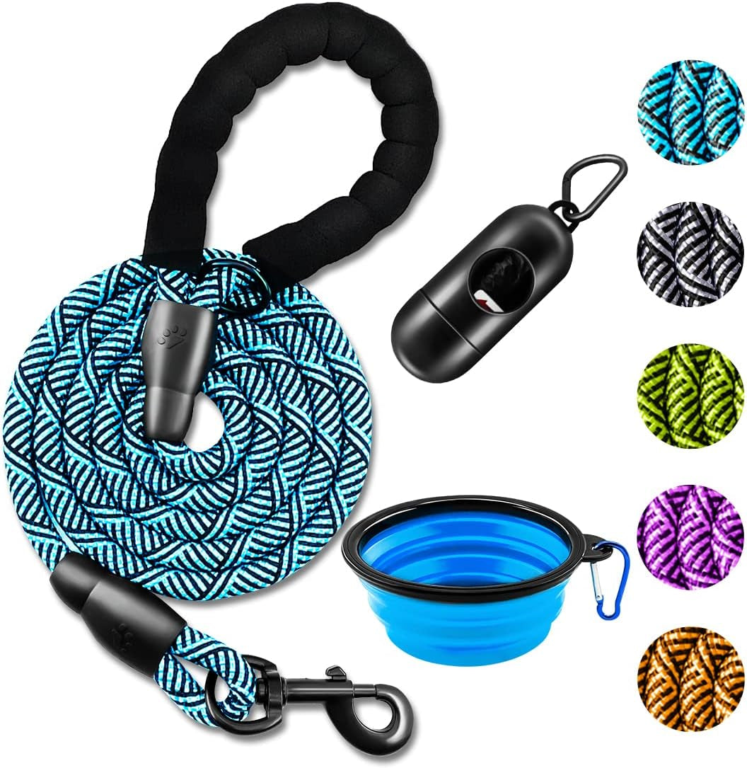 Premium 5FT/6FT Thick Durable Nylon Dog Leash with Comfortable Padded Handle and Reflective Rope, Includes Collapsible Pet Bowl and Waste Bags for Medium to Large Dogs (Flower Blue 1/2 X 6FT)