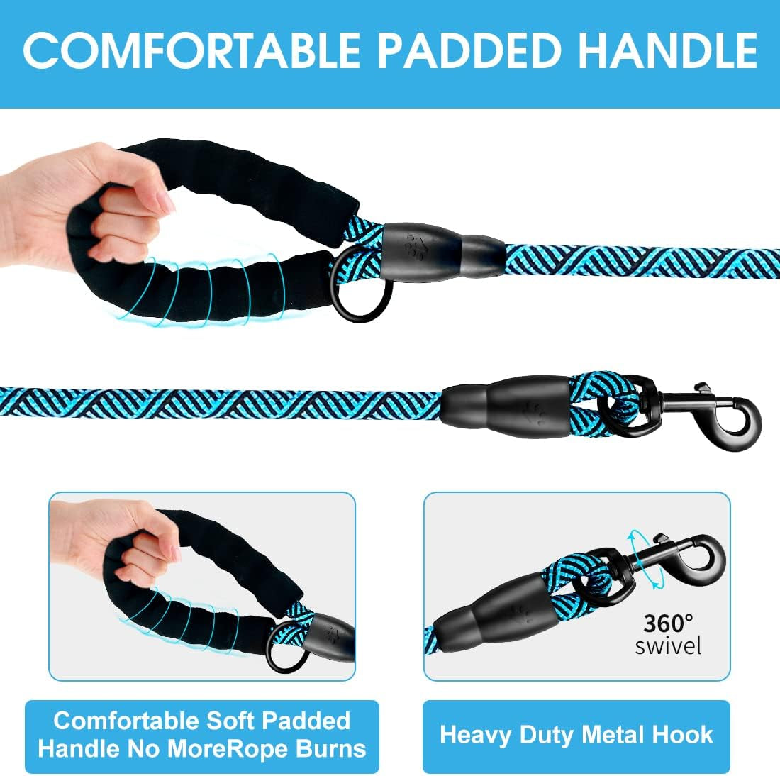 Premium 5FT/6FT Thick Durable Nylon Dog Leash with Comfortable Padded Handle and Reflective Rope, Includes Collapsible Pet Bowl and Waste Bags for Medium to Large Dogs (Flower Blue 1/2 X 6FT)