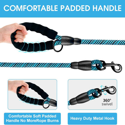 Premium 5FT/6FT Thick Durable Nylon Dog Leash with Comfortable Padded Handle and Reflective Rope, Includes Collapsible Pet Bowl and Waste Bags for Medium to Large Dogs (Flower Blue 1/2 X 6FT)