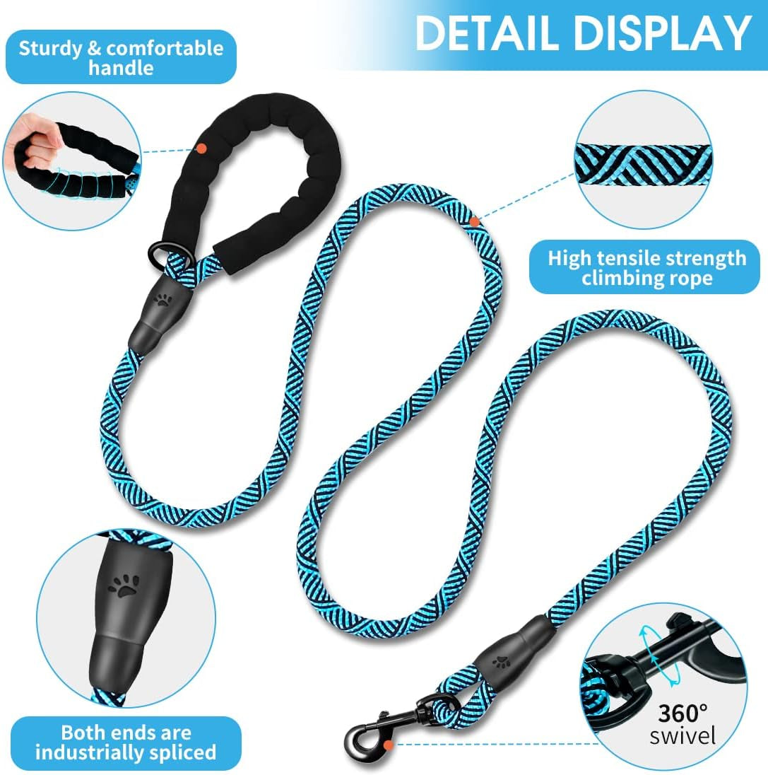 Premium 5FT/6FT Thick Durable Nylon Dog Leash with Comfortable Padded Handle and Reflective Rope, Includes Collapsible Pet Bowl and Waste Bags for Medium to Large Dogs (Flower Blue 1/2 X 6FT)